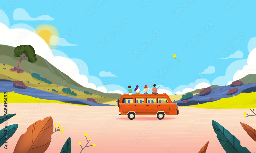 Four traveling people sit on the roof of the car and enjoy the view. Four people in colorful suburban scenery and friends traveling by car illustration sitting on the roof of the car to enjoy the view