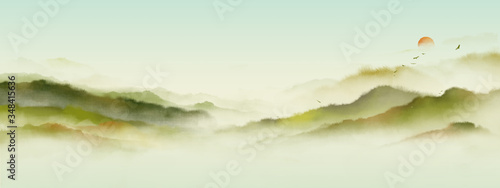 Ink landscape painting of flying bird in grass green forest. Chinese style ink watercolor painting