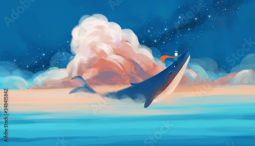 Fototapeta samoprzylepna Chłopiec na wielorybie pod rozgwieżdżonym niebem.