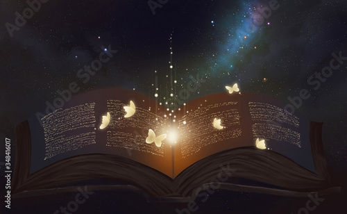 There are glowing butterflies on the open pages. Butterfly elves transformed from ancient books. Surreal creative illustration digital painting