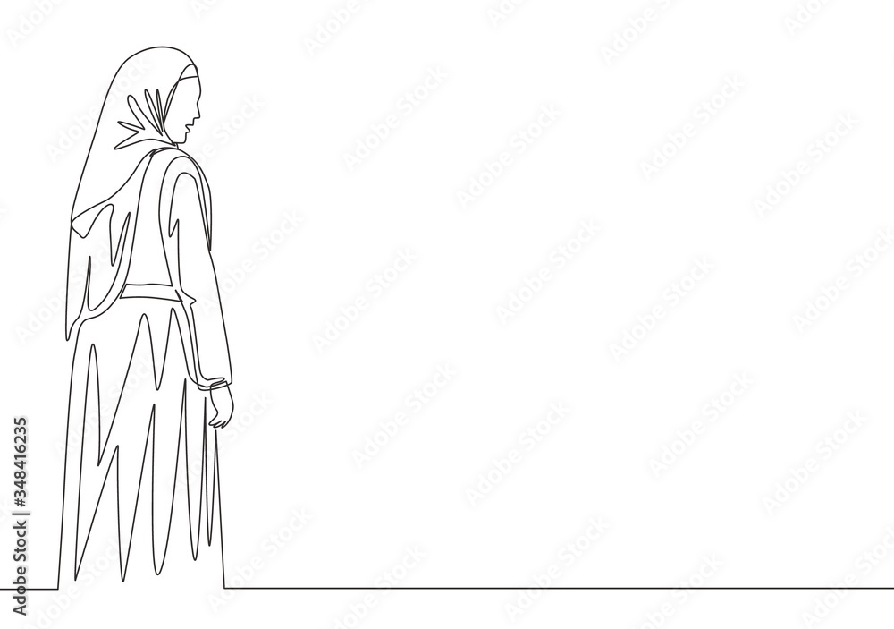 Single continuous line drawing of young happy beautiful muslim girl with headscarf from back view. Pretty malay women model in trendy hijab fashion concept one line draw design vector illustration