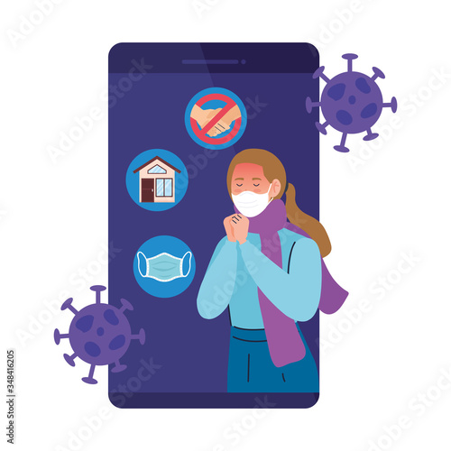 woman sick using face mask in smartphone vector illustration design