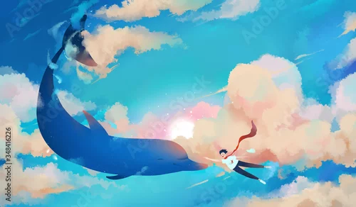 Obraz Delfin i chłopiec bawią się w powietrzu.