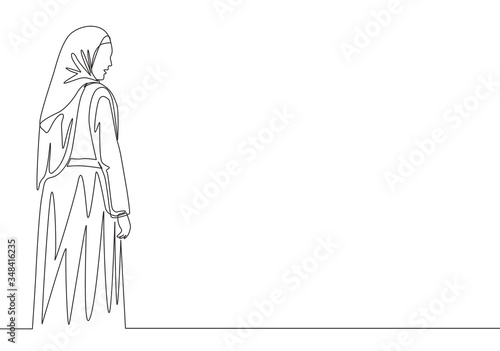 Single continuous line drawing of young happy beautiful muslim girl with headscarf from back view. Pretty malay women model in trendy hijab fashion concept one line draw design vector illustration
