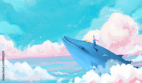 Fototapeta samoprzylepna Dziewczyna na wielorybie unoszącym się w powietrzu. Piękna kreatywna ilustracja