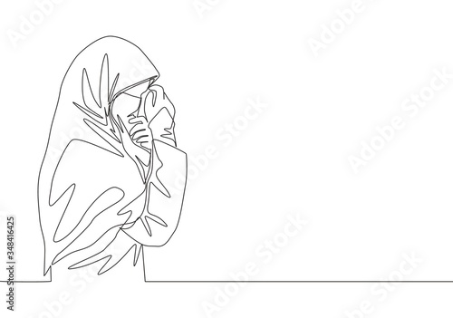 One continuous line drawing of young happy saudi arabian muslimah wearing burqa and covering face with hands. Traditional Islamic woman niqab dress concept single line draw design vector illustration