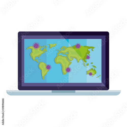 earth maps with covid19 particles in laptop vector illustration design