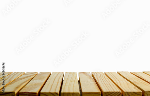 Wood table top isolated on clear white background with clipping path. Montage wooden object is suitable for product display  background  and design key visual layout with copy space for your text.