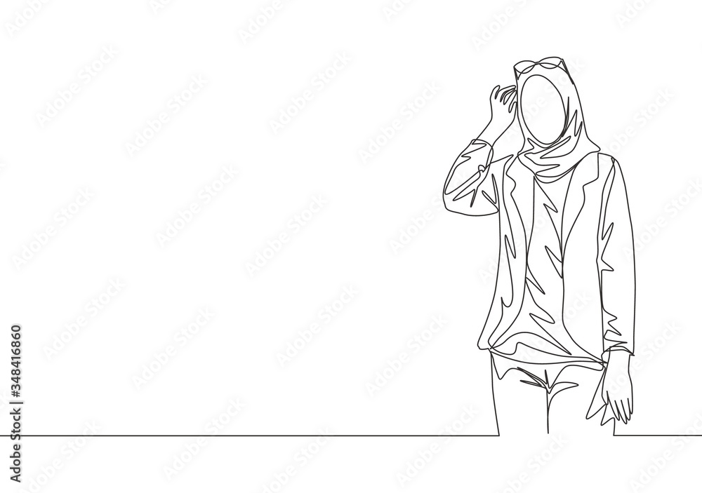 Single continuous line drawing of young happy muslimah girl on headscarf holding glasses on head. Attractive malay women model in trendy hijab fashion concept one line draw design vector illustration