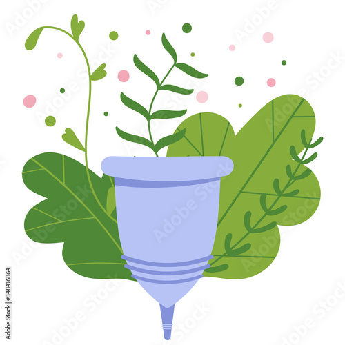 Menstrual cramp in period, use menstrual cup inside vagina. Zero waste feminine device. Menstuation womans period. Personal hygiene.