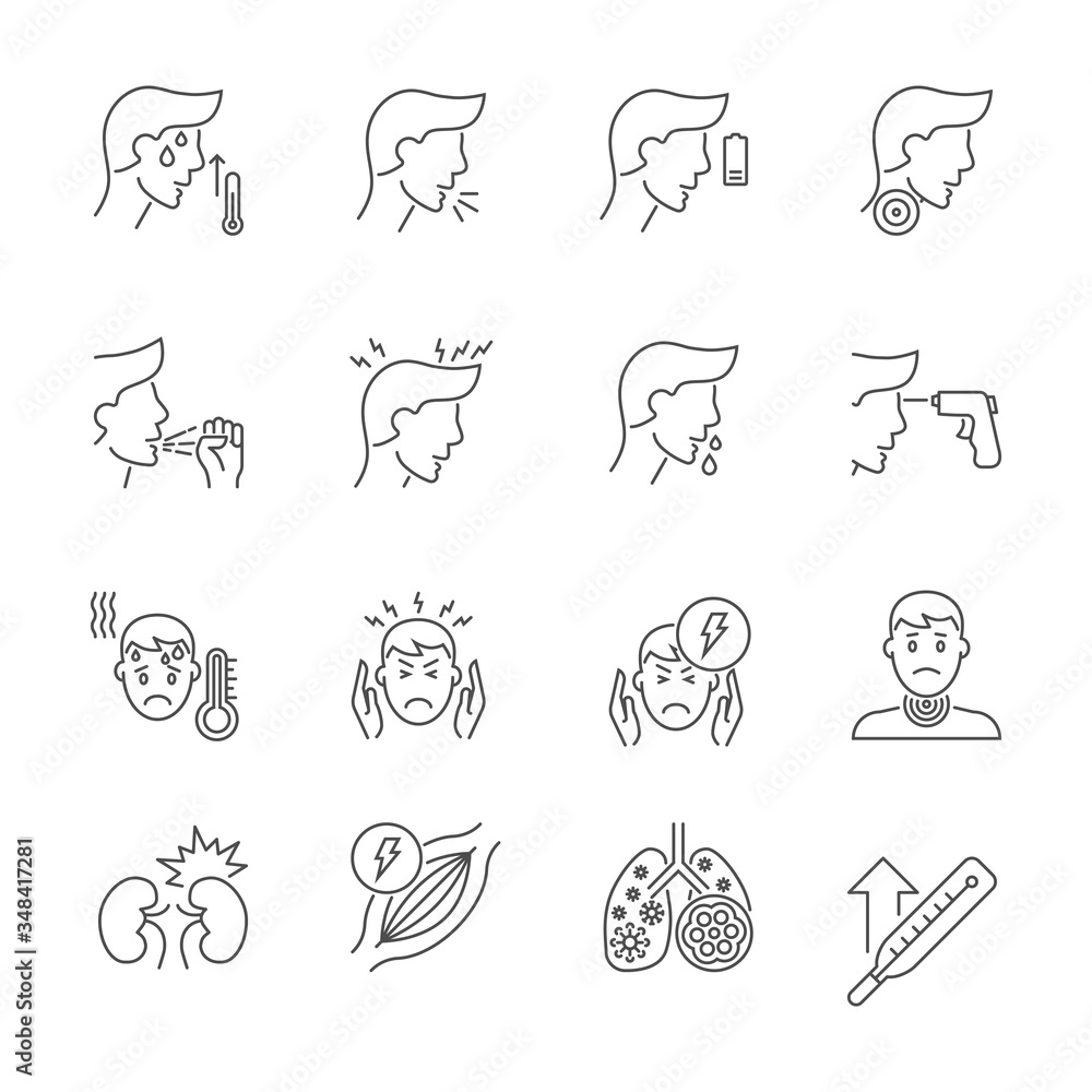 Obraz premium Coronavirus symptoms related thin line vector icons set. Contains such Icons as Headache, Fever, High Temperature, Pneumonia, Sore Throat, Cough and more. Vector illustration. Editable Stroke.