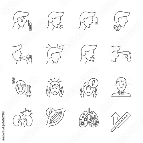 Coronavirus symptoms related thin line vector icons set. Contains such Icons as Headache, Fever, High Temperature, Pneumonia, Sore Throat, Cough and more. Vector illustration. Editable Stroke.