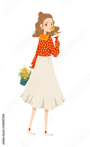Cute girl with jacquard basket. Comic character design illustration