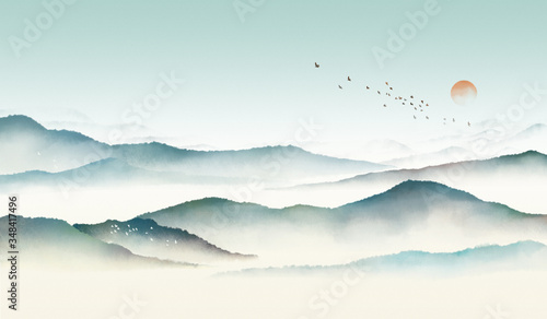 Chinese style classical traditional ink landscape painting. Watercolor landscape painting of gentle mountains