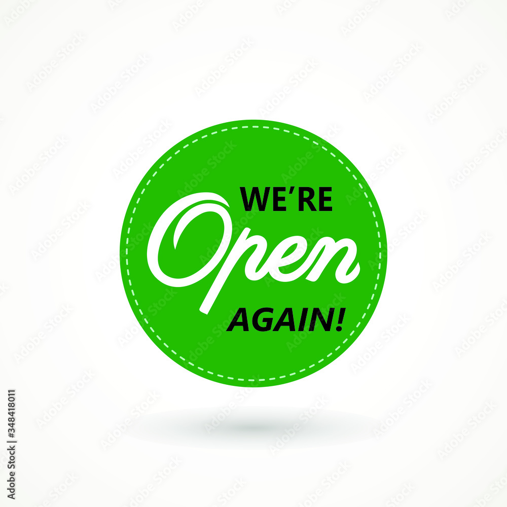 We're open again on speech bubble text vintage. welcome icon sign after quarantine, vector illustration of small business owner welcoming customers, information re-opening of shop, service, cafe We're open again on speech bubble text vintage. welcome icon sign after quarantine, vector illustration of small business owner welcoming customers, information re-opening of shop, service, cafe