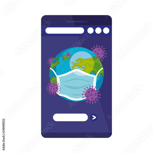 earth planet of covid19 using face mask in smartphone vector illustration design