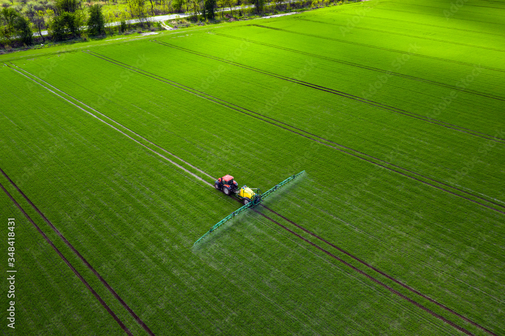 Agricultural industry, tractor spraying herbicides in green field - obrazy, fototapety, plakaty 