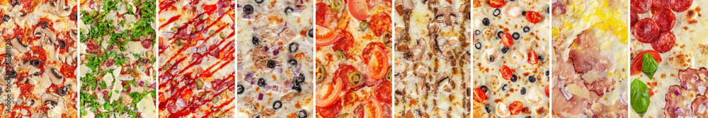 Italian cuisine. Set of textures of different pizzas close-up. background image. Top view. Italian cuisine. Set of textures of different pizzas close-up. background image. Top view.