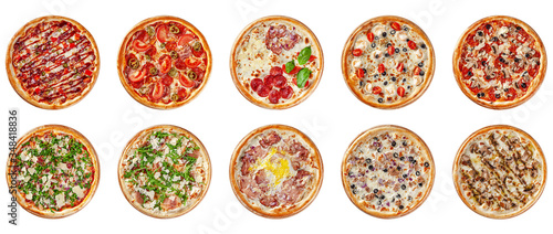 Italian cuisine. Set round thin pizza on a wooden board, on a white background. Image is isolated. Top view.