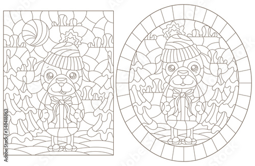 Wallpaper Mural Set of contour illustrations of stained glass Windows on the theme of winter holidays, funny cartoon dogs on the background of winter landscapes, dark outlines on a white background Torontodigital.ca