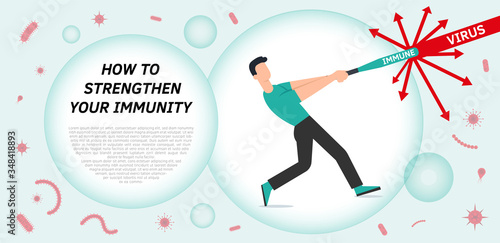 Immune system vector protection. Health bacteria virus protection. Medical prevention human boosters. Healthy man reflect bacteria attack. Boost Immunity with medicine concept illustration.