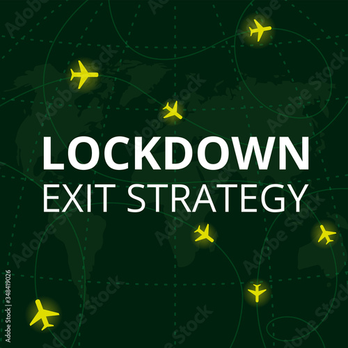 Lockdown exit strategy. Quarantine end, self isolation exit. People, coronavirus. Lifting lockdown plan. Air planes flying on world map with coordinates. Covid pandemic, aviation crisis. Flat vector.