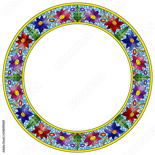 Illustration in stained glass style flower frame, bright flowers and  leaves in blue frame on a white background