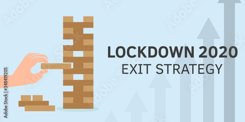 Vector flat illustration of lockdown exit strategy concept. Hand playing board game. Quarantine, lifting lockdown plan. Vector flat style illustration. Coronavirus, Covid, economy