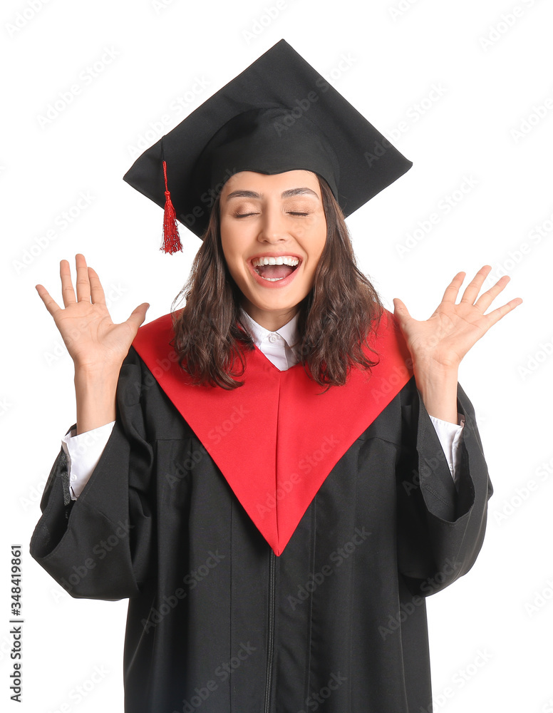 Happy female graduating student on white background Stock Photo | Adobe ...