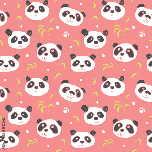 Fototapeta Naklejka Na Ścianę i Meble -  Cute Panda bear Seamless pattern. Cute Animals doodle, Hand drawn Cartoon Vector illustration