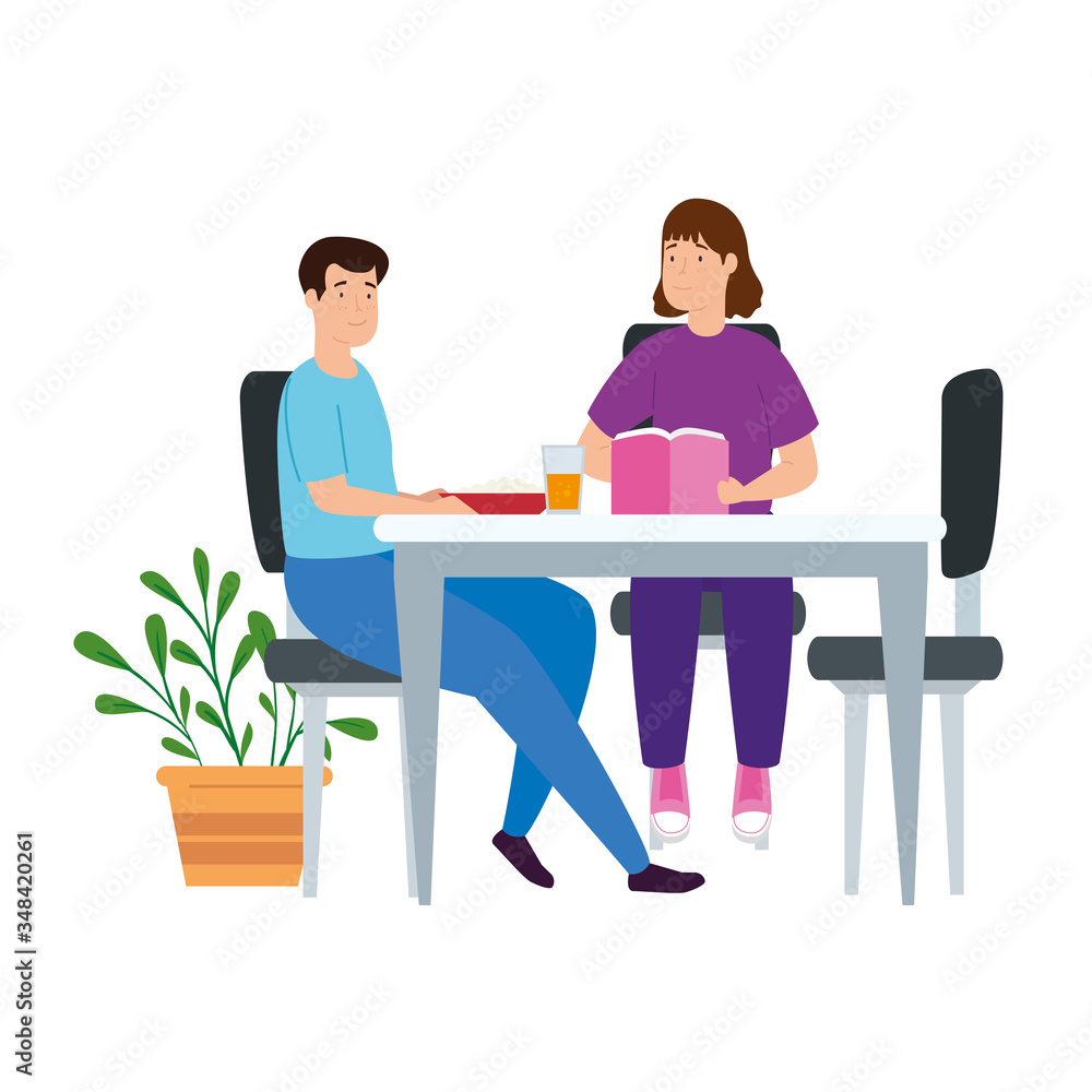 young couple eating and reading vector illustration design young couple eating and reading vector illustration design