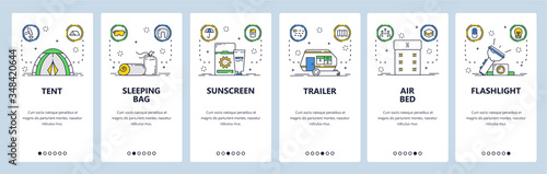 Camping gear website and mobile app onboarding screens vector template