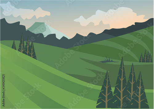landscape green grass mountain and trees for background and illustration