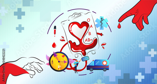 Blood donation design. Creative donor poster and cute character. Blood Donor banner. Red drop. Donation volunteer. Blood donation medical poster. Save human life concept. Vector illustration