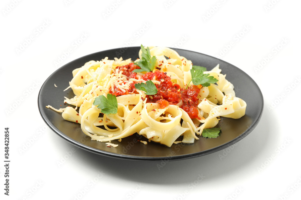 Plate with tasty pasta isolated on white background Plate with tasty pasta isolated on white background