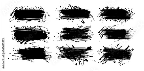 Ink splashes stencil beautiful collection. Paint brush stains, ink splashes, strokes and blots of different shapes for frame, banner, label, text box, clipping masks or other art design. Vector grunge