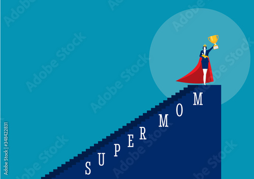 Hero woman mother doing office work and homework alone. super mom vector illustrator