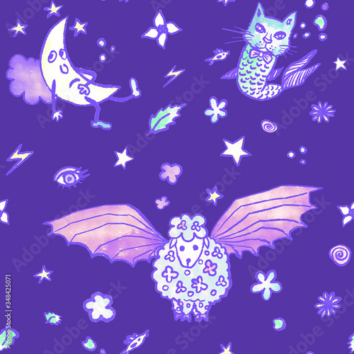 Blue fantasy creatures on a dark violet background. Fish-cat  sheep-bat and sad moon in a seamless pattern for children s design.