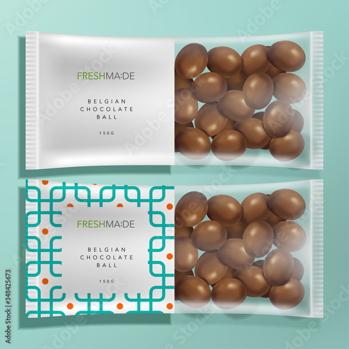 Vector Semi Transparent Food & Snack Packet Packaging with Geometric Pattern and Milk chocolate Mock Up