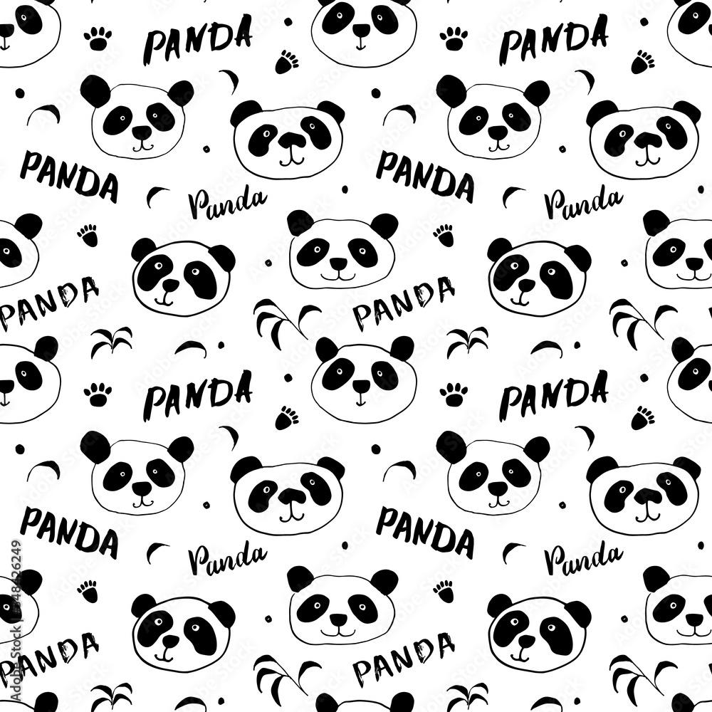 Fototapeta premium Cute Panda bear Seamless pattern. Cute Animals doodle, Hand drawn Cartoon Vector illustration