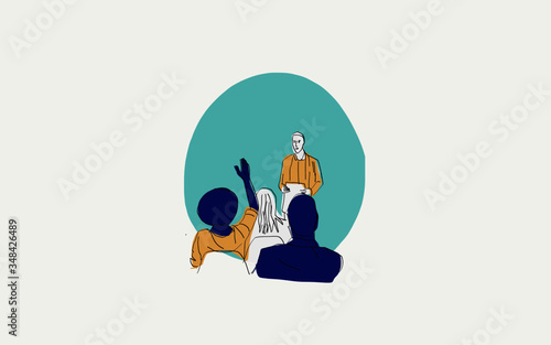 Afroamerican woman raising her hand at a conference