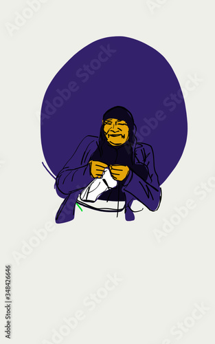Older woman sewing, knitting grandmother