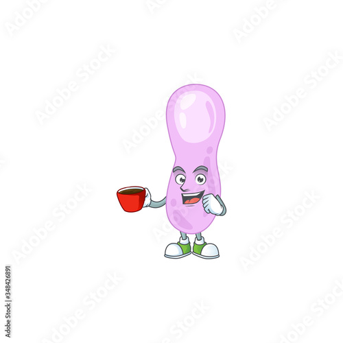 A mascot design character of clostridium botulinum drinking a cup of coffee