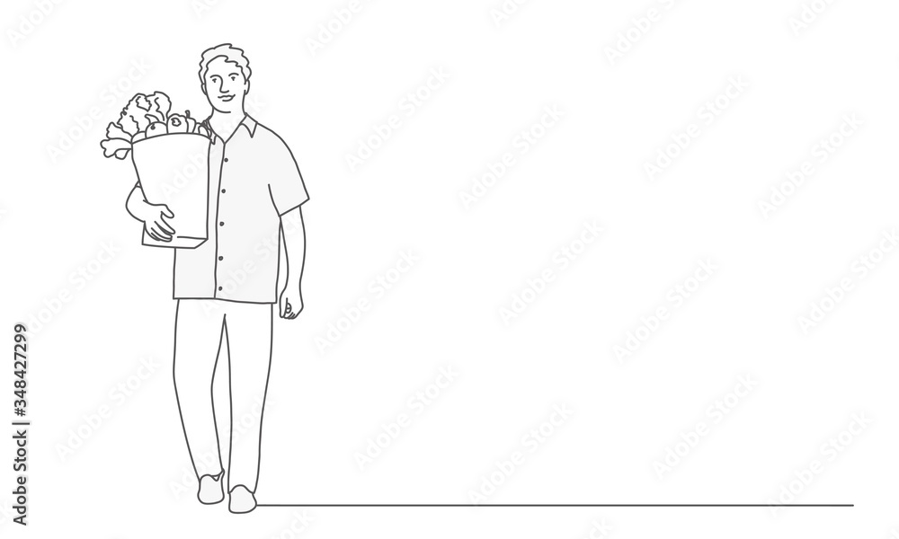 Man holding paper bag with organic fresh food. Line drawing vector illustration. Man holding paper bag with organic fresh food. Line drawing vector illustration.
