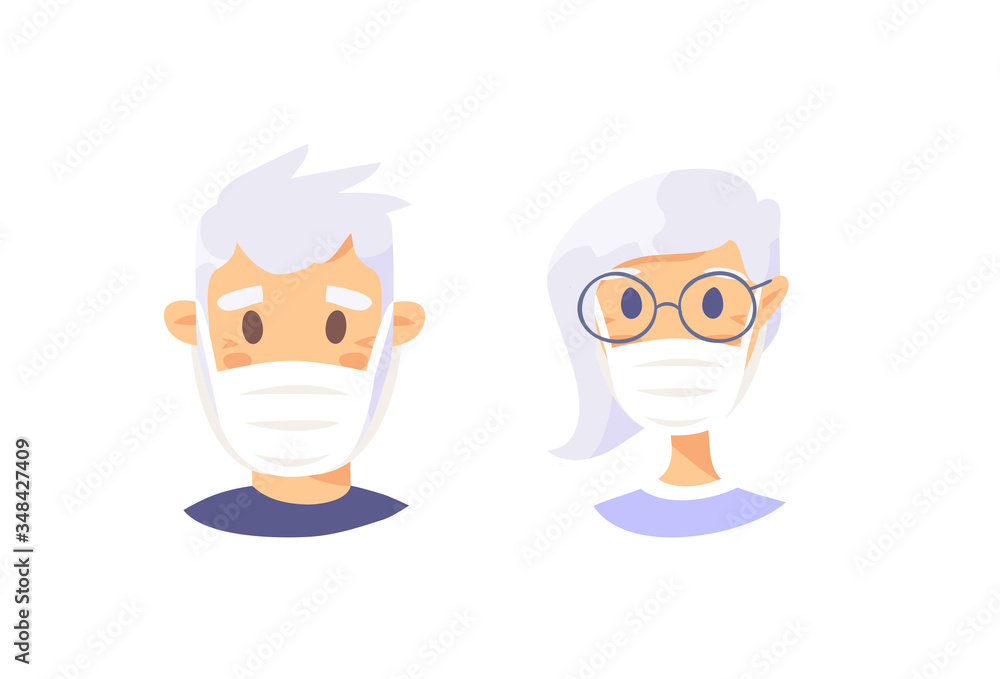 Set of African American elderly male and female characters. Cartoon masked people. Isolated retiree avatars. Flat illustration protected old men and women faces. Hand drawn vector drawing safe granny 