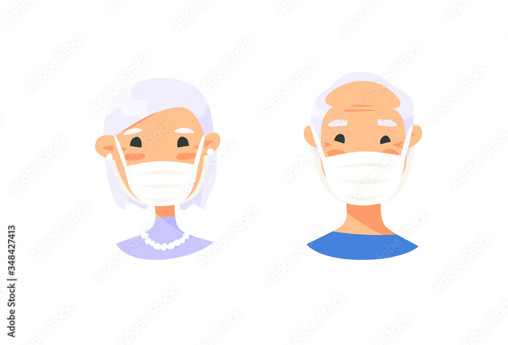 Set of elderly male and female characters. Cartoon masked people. Isolated retiree avatars. Flat illustration protected old men and women faces. Hand drawn vector drawing safe granny portraits Set of elderly male and female characters. Cartoon masked people. Isolated retiree avatars. Flat illustration protected old men and women faces. Hand drawn vector drawing safe granny portraits