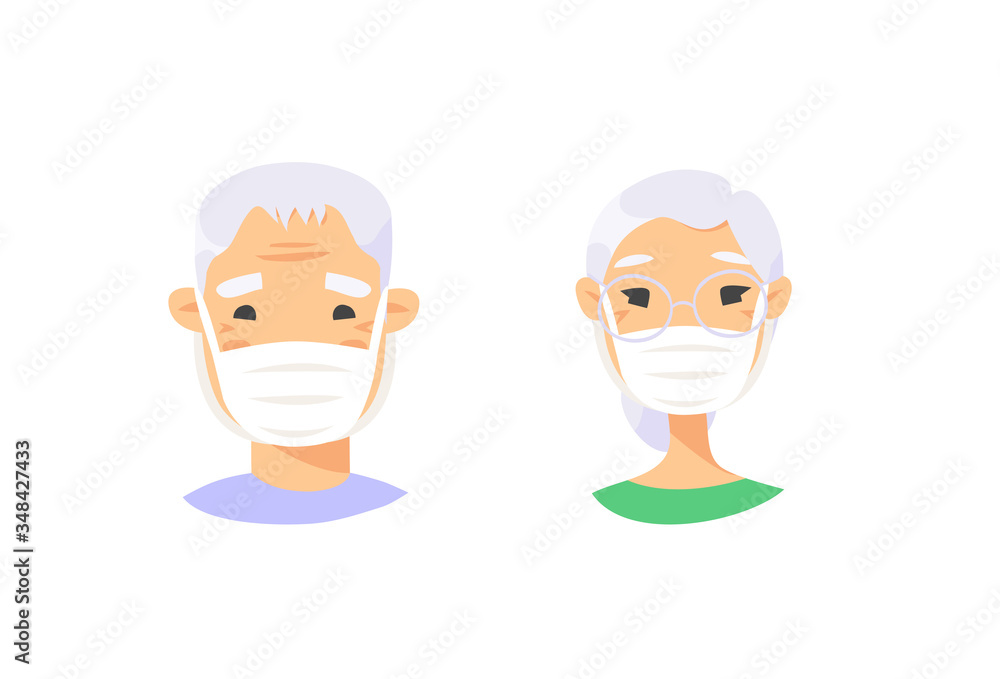 Fototapeta premium Set of elderly male and female characters. Cartoon masked people. Isolated retiree avatars. Flat illustration protected old men and women faces. Hand drawn vector drawing safe granny portraits