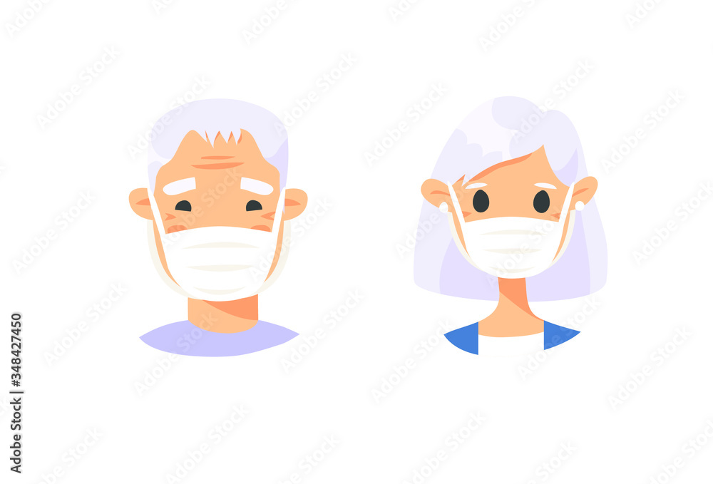 Set of elderly male and female characters. Cartoon masked people. Isolated retiree avatars. Flat illustration protected old men and women faces. Hand drawn vector drawing safe granny portraits Set of elderly male and female characters. Cartoon masked people. Isolated retiree avatars. Flat illustration protected old men and women faces. Hand drawn vector drawing safe granny portraits