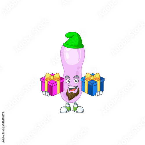 A joyful clostridium botulinum mascot design style with Christmas gifts