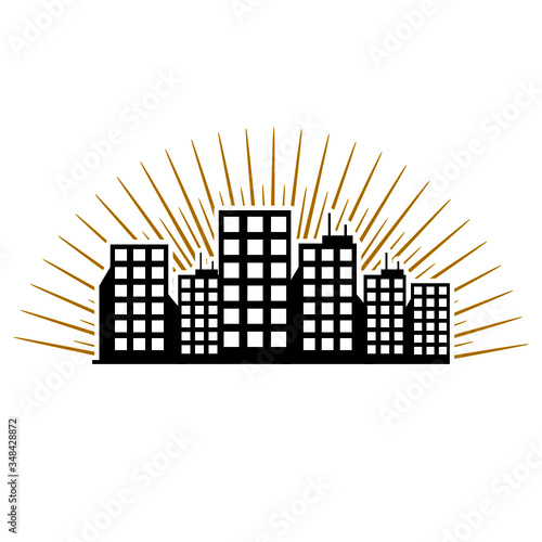 Flat city landscape icon, sunset in megalopolis isolated on white background
